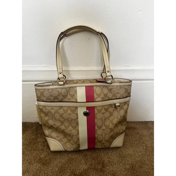 Coach Chelsea Leather Signature Heritage Logo Stripe Pink Beige Tote Bag - Picture 1 of 16